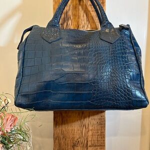 Genuine Leather Navy Crocodile-Embossed Satchel